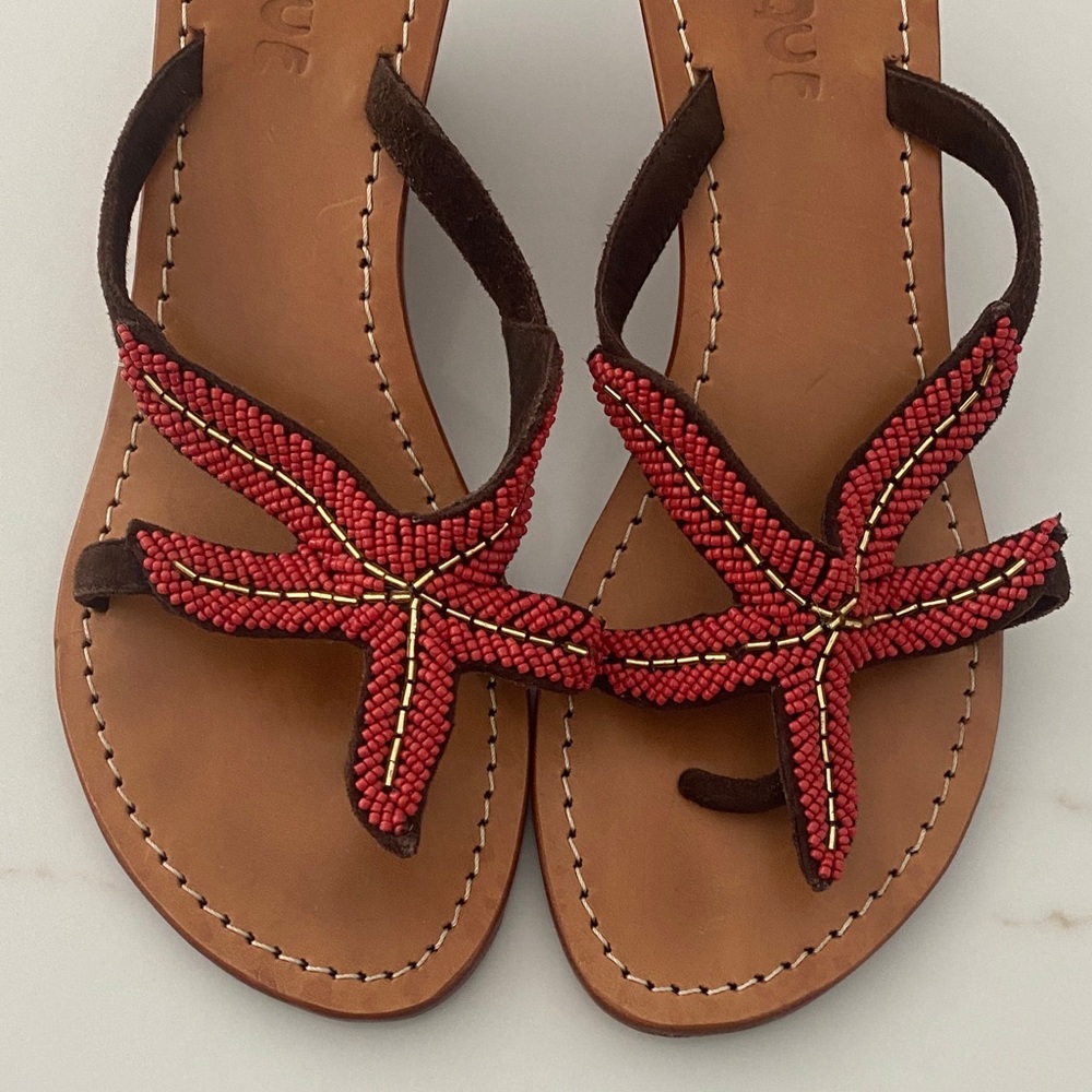 Mystique Red Beaded Starfish Sandals Size 7 Leather Sole Beach Resort Coastal